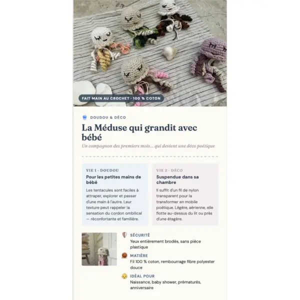 Méduse doudou au crochet — petit doudou, jolie déco