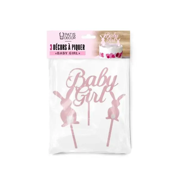 Décors sur pique roses Baby Girl lapins