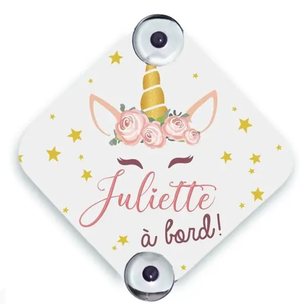 Plaque voiture personnalisée Bébé à bord - Licorne