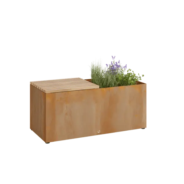 Banc avec jardinière pour plantes aromatiques en acier corten