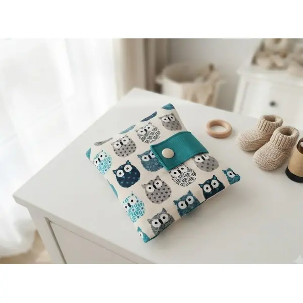 Ensemble pochette et 6 lingettes motif chouettes