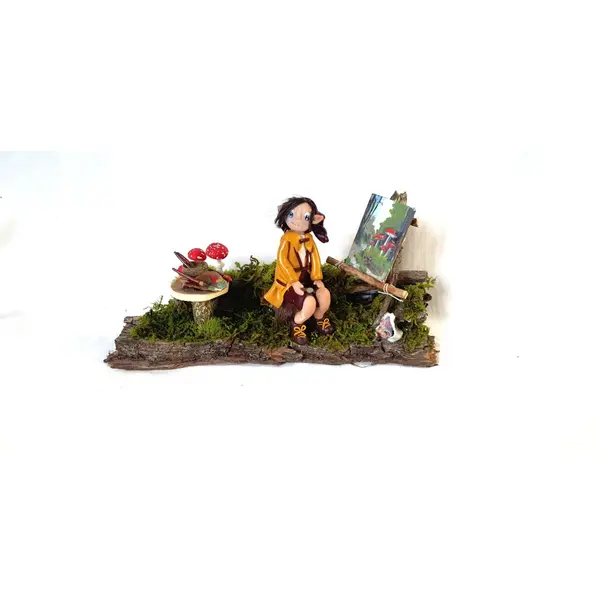 Lutin fimo fait main, figurine féerique artisanale, scène forêt magique, décoration elfique unique