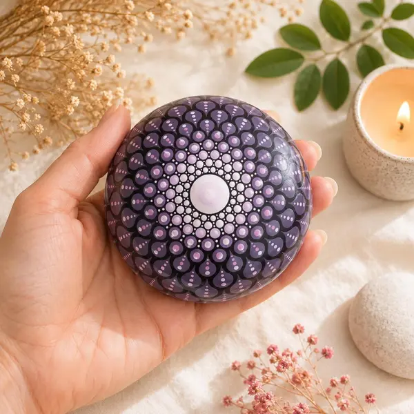 Sphère de méditation mandala prune & noir – peinte à la main