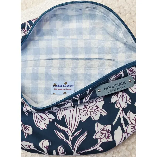 Sac banane tissu indien hampi bleu pétrole entrelacs de fleurs-création artisanale, sac mou bandoulière