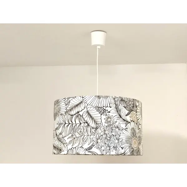 Abat-jour fleurs noir blanc doré – suspension chic, déco art déco, végétale & élégante