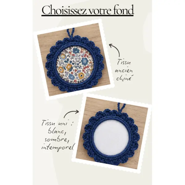 Cadre photo au crochet personnalisé — décoration murale vintage en coton et tissu