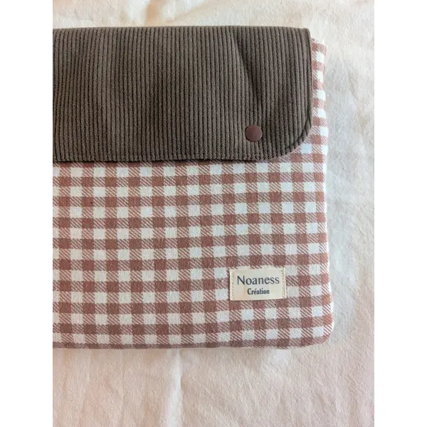 Pochette tablette 11 pouces en tissu à carreaux et velours côtelé