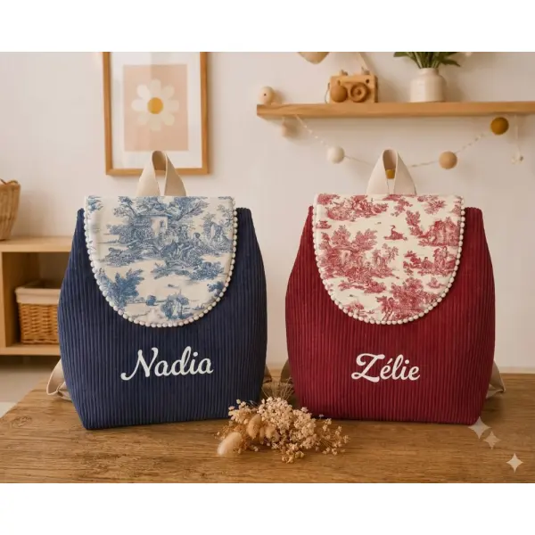 Sac à dos enfant maternelle personnalisé , velours côtelé & motif toile de jouy
