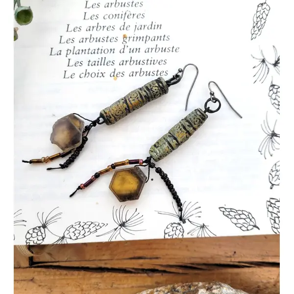 Boucles d'oreille romantiques ethniques, cadeau idéal pour dame avec citrine et rouleaux en céramique !!!! : "le flux des emotions "