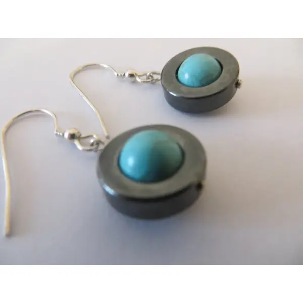 Boucles d'oreilles hématite et turquoise véritable et argent 925