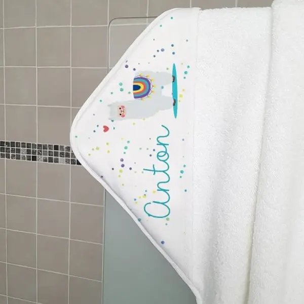 Cape de bain personnalisée en éponge | pour enfant | avec prénom | modèle Lama