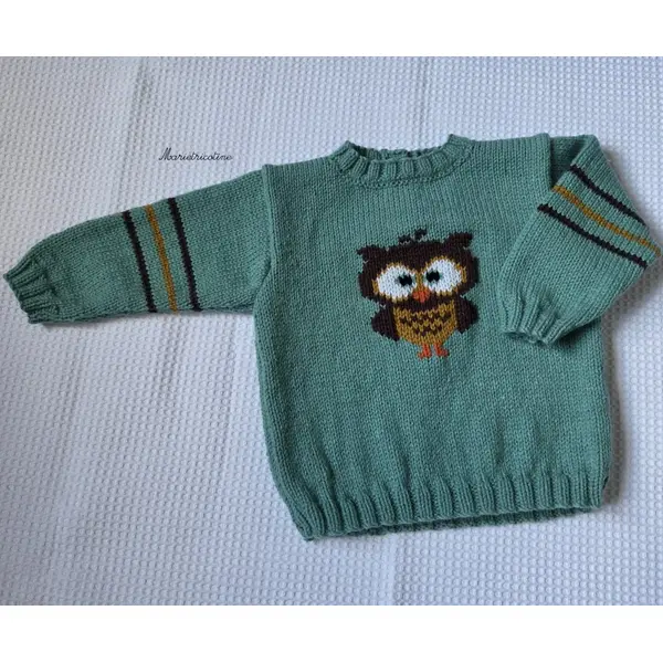 Pull bébé vert motif hibou 12 mois tricoté main