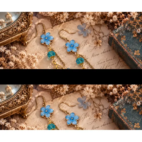 Boucle d'oreille femme pendante fleurie romantique vintage bohème perle bleue fleur nature perle bleue facettée feuille dorée
