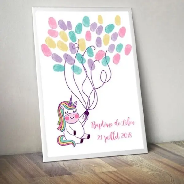 Affiche à empreintes Licorne pour baptême | Version digitale