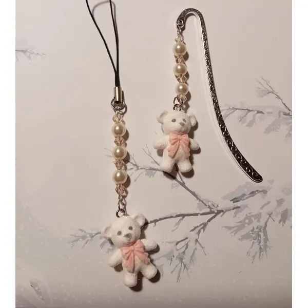 Duo marque-page & bijou de sac "petit ourson blanc"