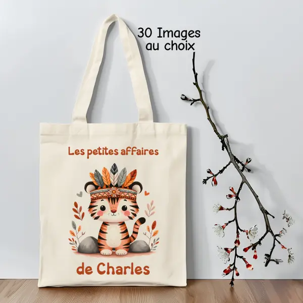Tote bag enfant personnalisé – animaux indiens – sac maternelle avec prénom
