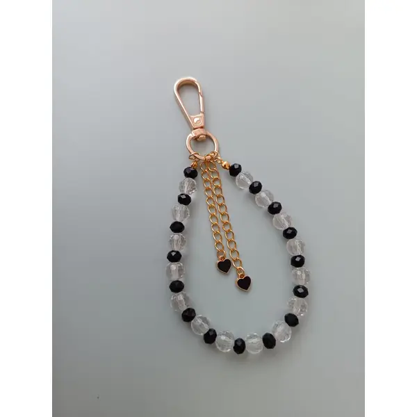 Porte clés perles, bijou bohème fait main, cœur et perles noires transparentes, idée cadeau femme