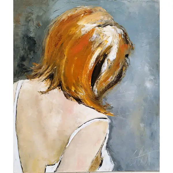 Peinture figurative personnage, peinture à l'huile au couteau sur toile de lin sur châssis : "subtilité de variations "