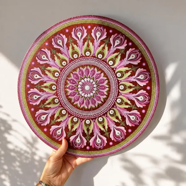 Tableau mandala en bois 40 cm – rose, prune & vert tendre avec strass – pièce unique