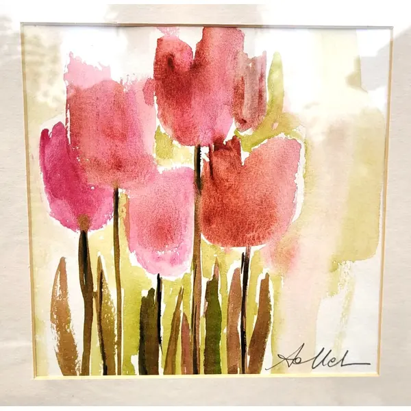 Peinture gouache "tulipes du jardin" sur papier canson, avec cadre aluminium : "jardin secret"