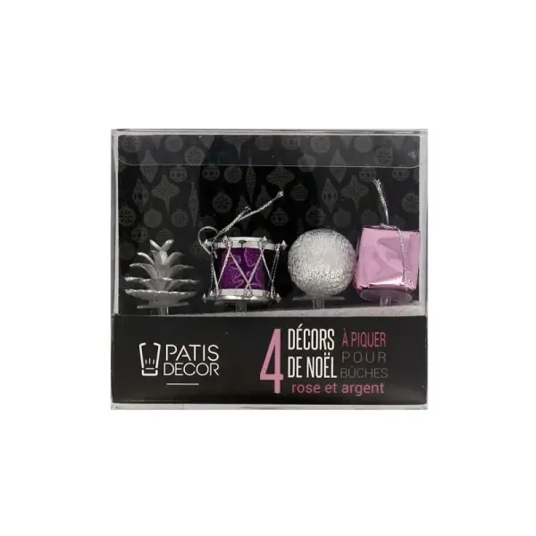 Décors de Noël assortis rose argent sur pique (x4)