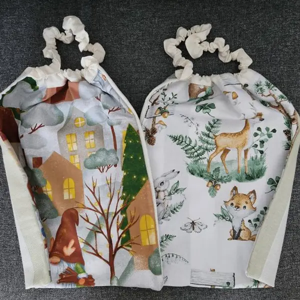 2 serviettes de table - grands bavoirs, serviettes cantine, maternelle, école, loisirs (thème : animaux de la forêt et lutin)