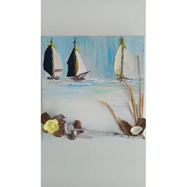 Tableau marin peint avec voiliers en tissu 20x20cm