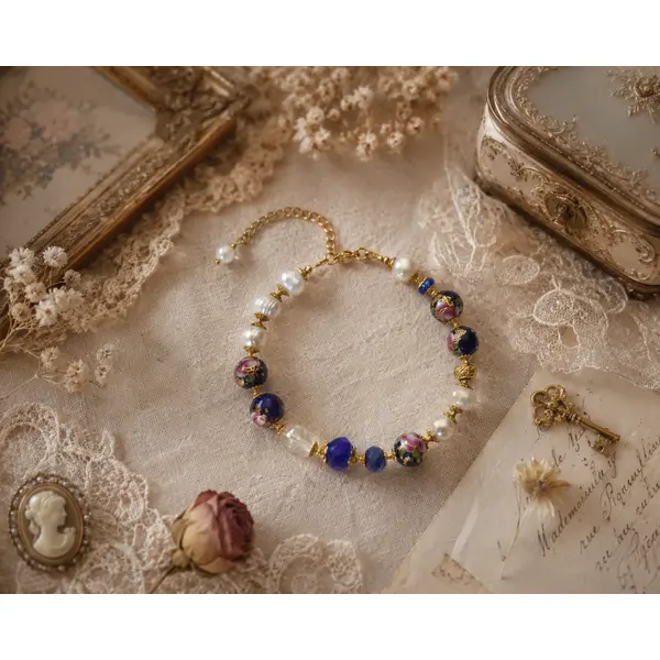Bracelet femme ajustable intemporel romantique bohème vintage chic véritable perle culture eau douce blanche perle bleue marine fleurie