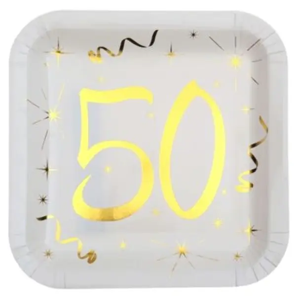 10 Assiettes en Carton Anniversaire - Blanc et Or - 50 ans