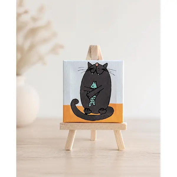 Mini toile sur chevalet en bois chat poisson d'avril
