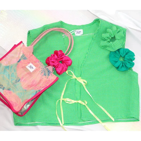 Gilet cropped sans manches "vichy vert & nœuds jaunes"