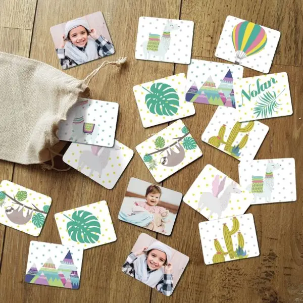 Jeu de mémoire modèle Lamas personnalisé avec photo & prénom de l'enfant (30 pièces)