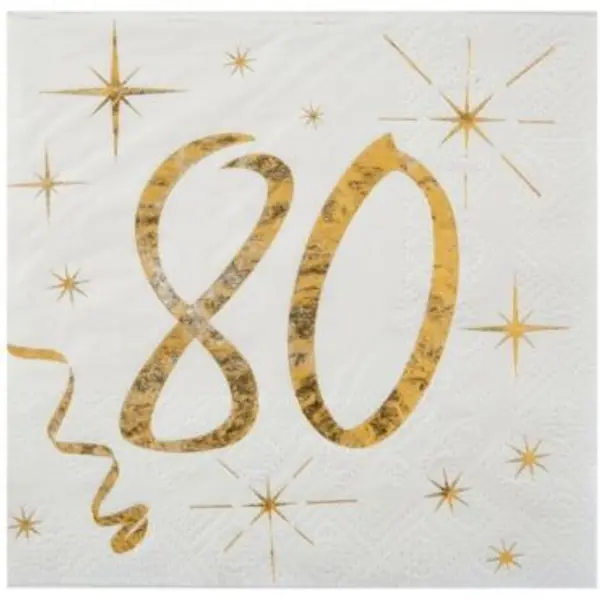 20 Serviettes en Papier Anniversaire - Blanc et Or - 80 ans