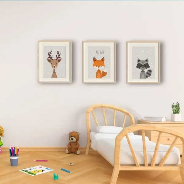 Trio d'ffiches Renard - cerf - blaireau personnalisées pour chambre d’enfant avec prénom