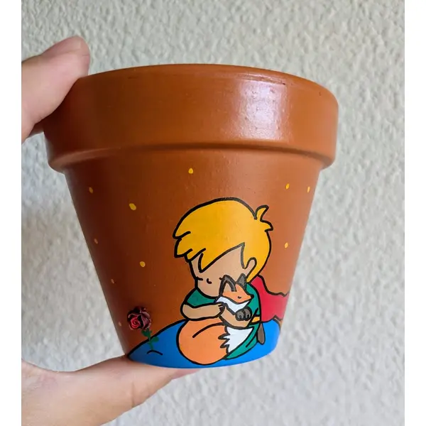 Pot en terre cuite illustration fait-main le petit prince et son renard