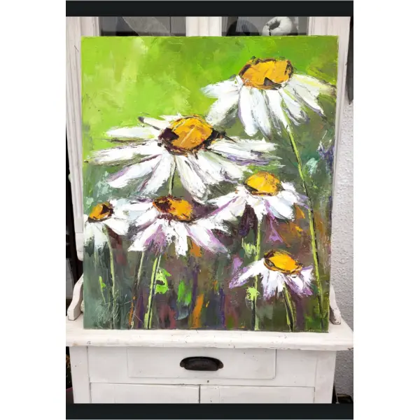 Peinture florale-marguerites sauvages - huile au couteau toile de lin sur châssis : "regard vers la nature"