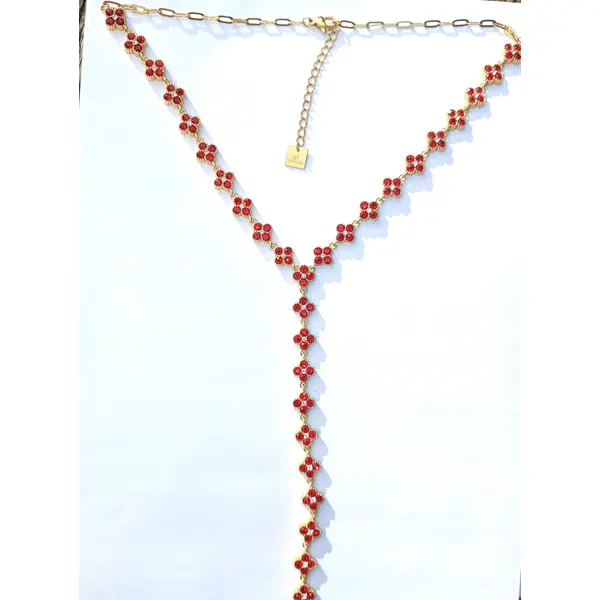 Collier lasso rouge scintillant . collier y acier inoxydable trèfles | bjou femme - idée cadeau