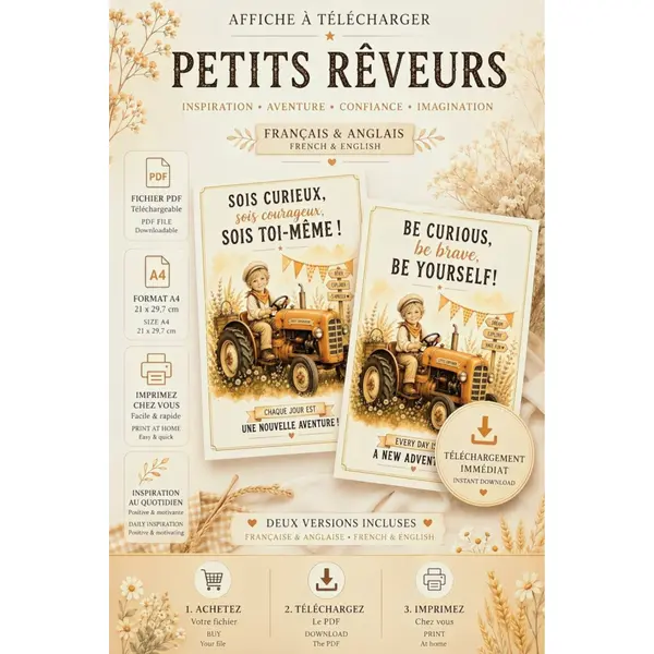 Affiche enfant « petits rêveurs » – sois curieux, courageux, sois toi-même – français & anglais