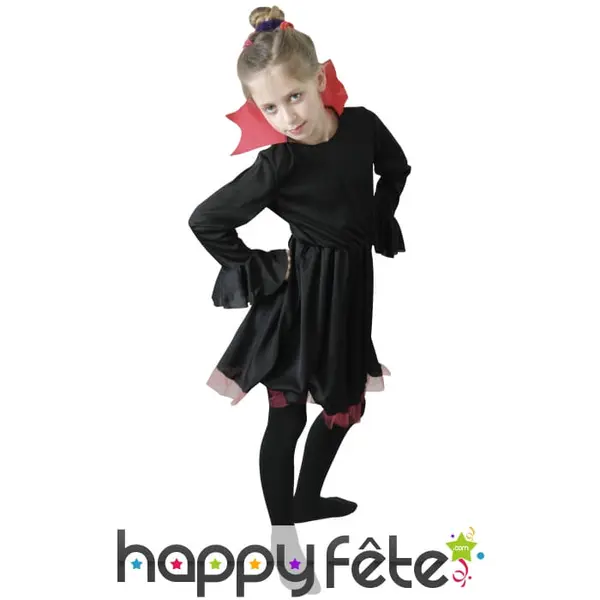 Déguisement noir de petite vampire avec col rouge