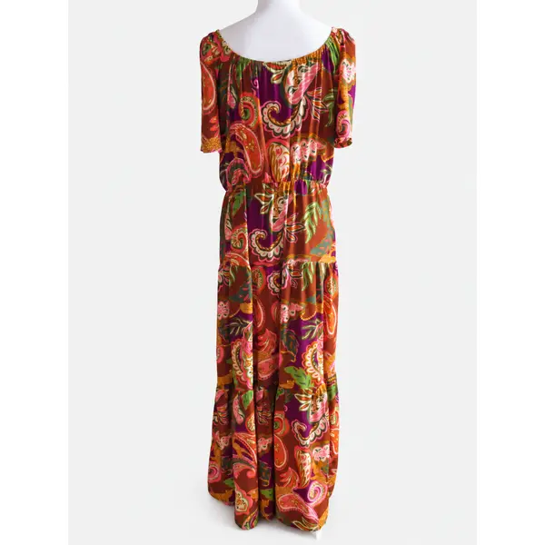Robe longue femme en viscose imprimée cahemire – robe à volants – taille 42 – manches courtes – pièce unique