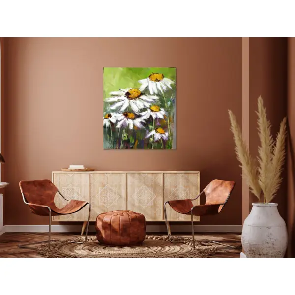 Peinture florale-marguerites sauvages - huile au couteau toile de lin sur châssis : "regard vers la nature"