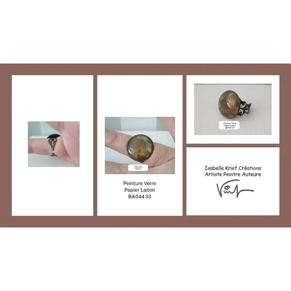 Bague, peinture art abstrait, cabochon en verre rond, marron vert rose, laiton ajustable,anneau victorien filigrane fleuri,cadeau fete