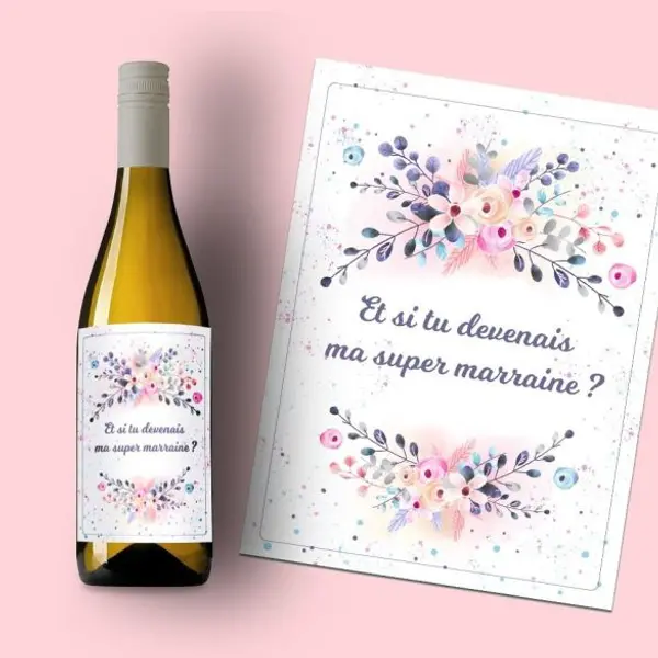 Etiquette bouteille vin ou champagne Demande à la marraine modèle Fleurs