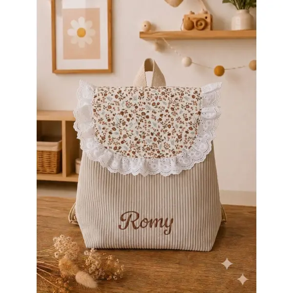 Sac à dos enfant maternelle personnalisé – velours beige & motif floral