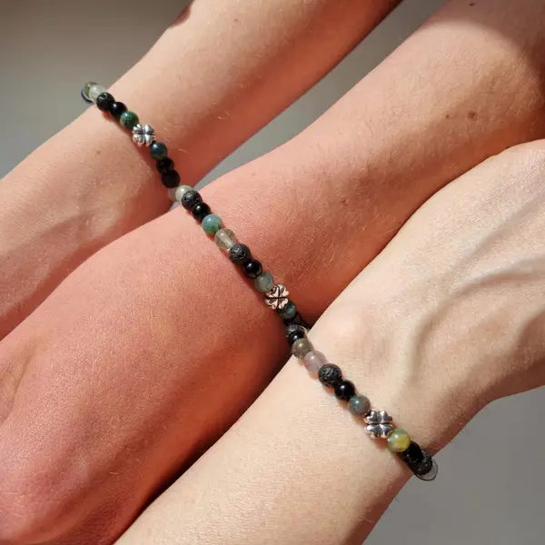 Duo ou trio mere fils bracelets chance concentration pierres naturelles - trèfle - agate indienne, onyx noir, pierre de lave fluorite
