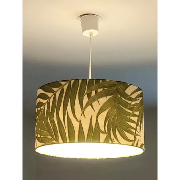 Abat-jour cylindrique feuilles tropicales vertes, luminaire déco exotique, abat jour suspension, fabrication artisanale française
