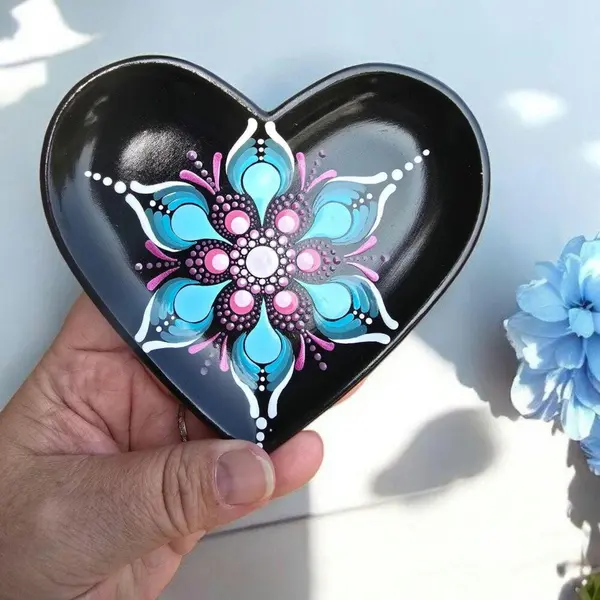 Coupelle cœur noire – mandala bleu & fuchsia - vide-poche artisanal