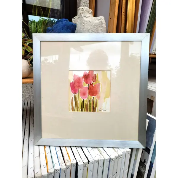 Peinture gouache "tulipes du jardin" sur papier canson, avec cadre aluminium : "jardin secret"