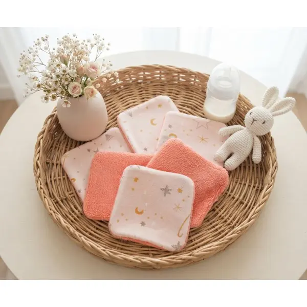 Lot de 9 lingettes bébé coton et éponge bambou orange