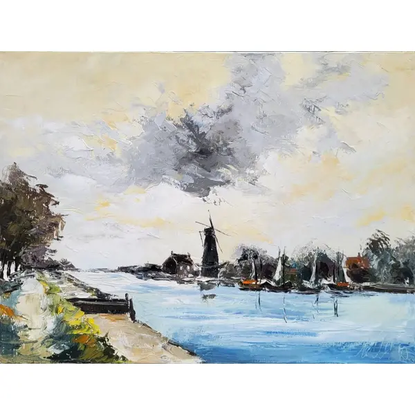 Peinture figurative - paysage moulin hollande- huile au couteau sur toile de lin sur châssis : "univers de silence"